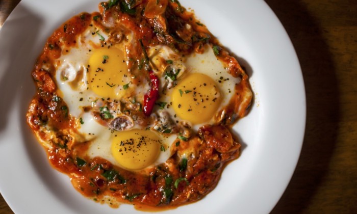 Burlamacco- Three Eggs Cooked in Spicy Tomato Sauce and Fresh Herbs