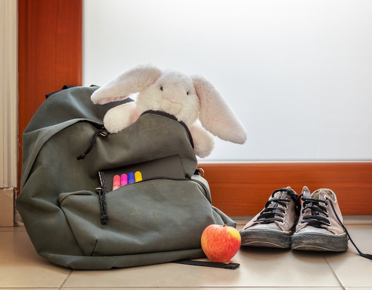 Shoes and School bag with cuddly toy, supplies and lunch