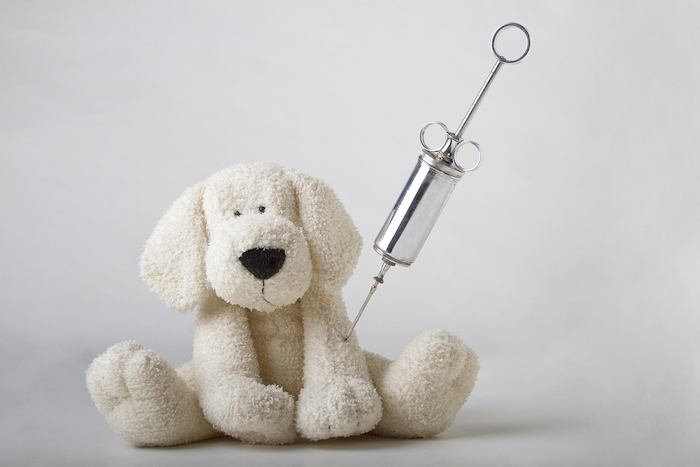 Soft toy with an injection and needle