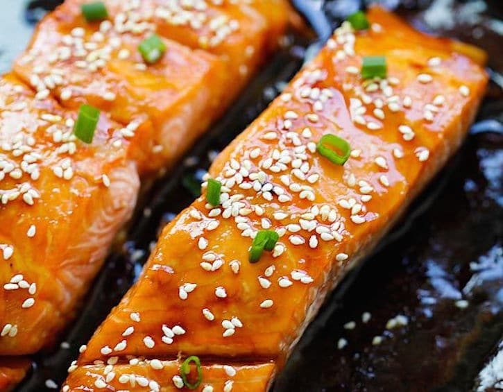 Baked sticky salmon with pak choy and brown rice