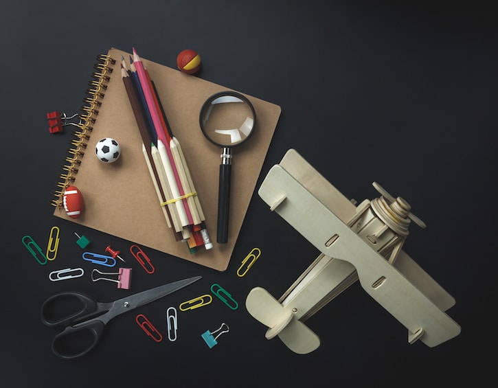 Top view sign of stationery education and back to school concept background. Mix different object on the modern rustic wood office desk.Essential several items for teen or adult to work and copy space