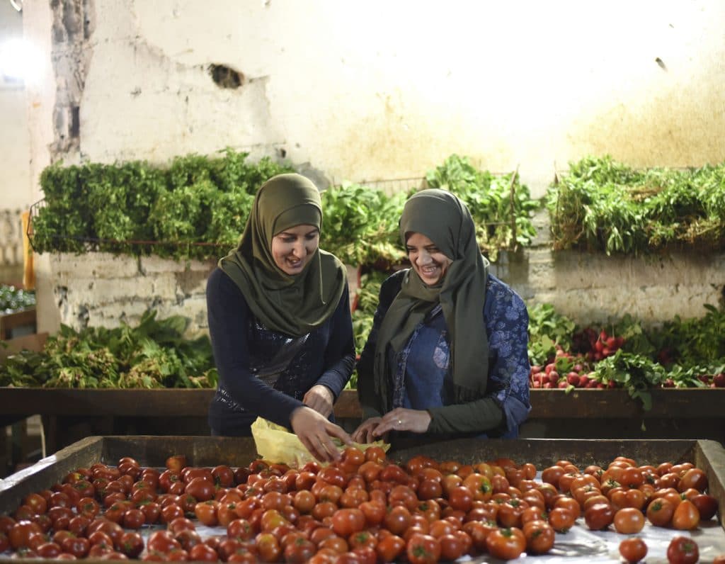 women shop for tomatoes in the film soufra about female refugees in lebanon