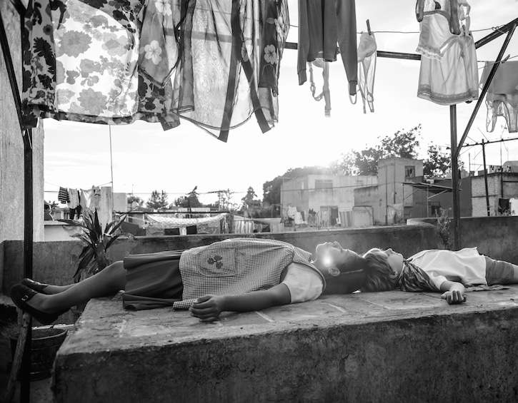 Cleo and Pepe "play dead" on the rooftop in the movie ROMA