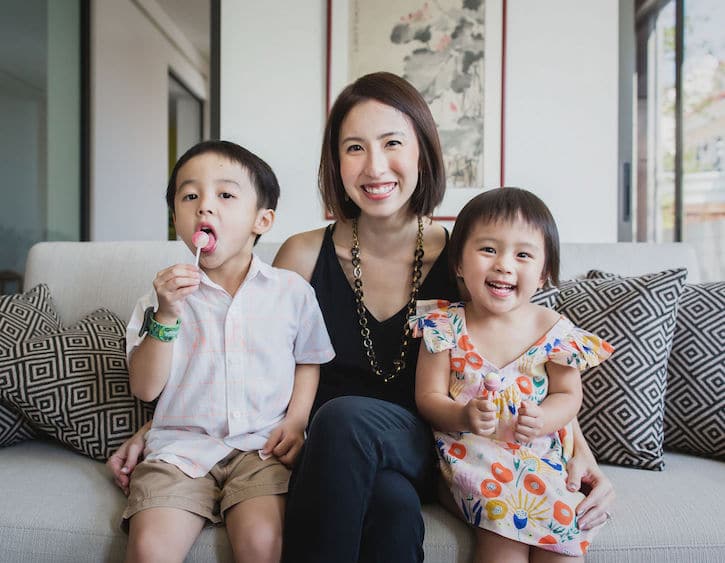 That mama Eugenia Yeo founder of nodspark nail wraps with her two children at home