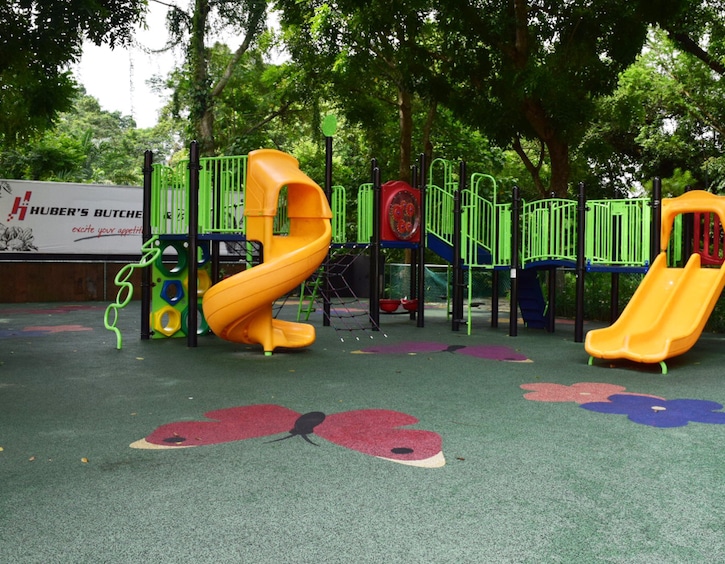 Shady playground at Hubers Bistro makes a great kid friendly cafe