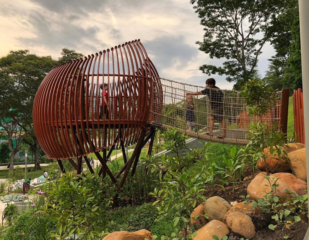 the treehouse at sunset at the beautiful new jubilee park playground at fort canning