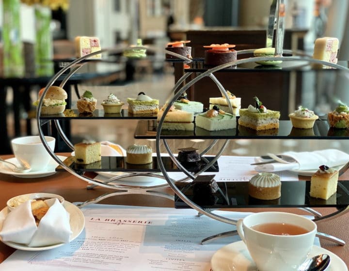 three tiered afternoon tea tray at la brasserie at fullerton bay hotel