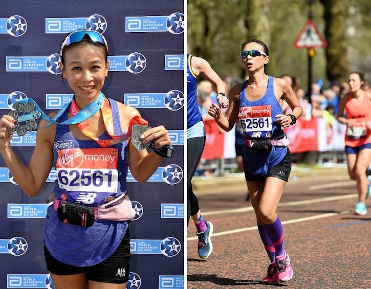 marathon runner laura koh running the london marathon and her 6-star finisher medal