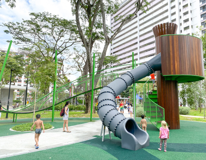 Toa Payoh Heights Park Playground swings, trampolines, water play