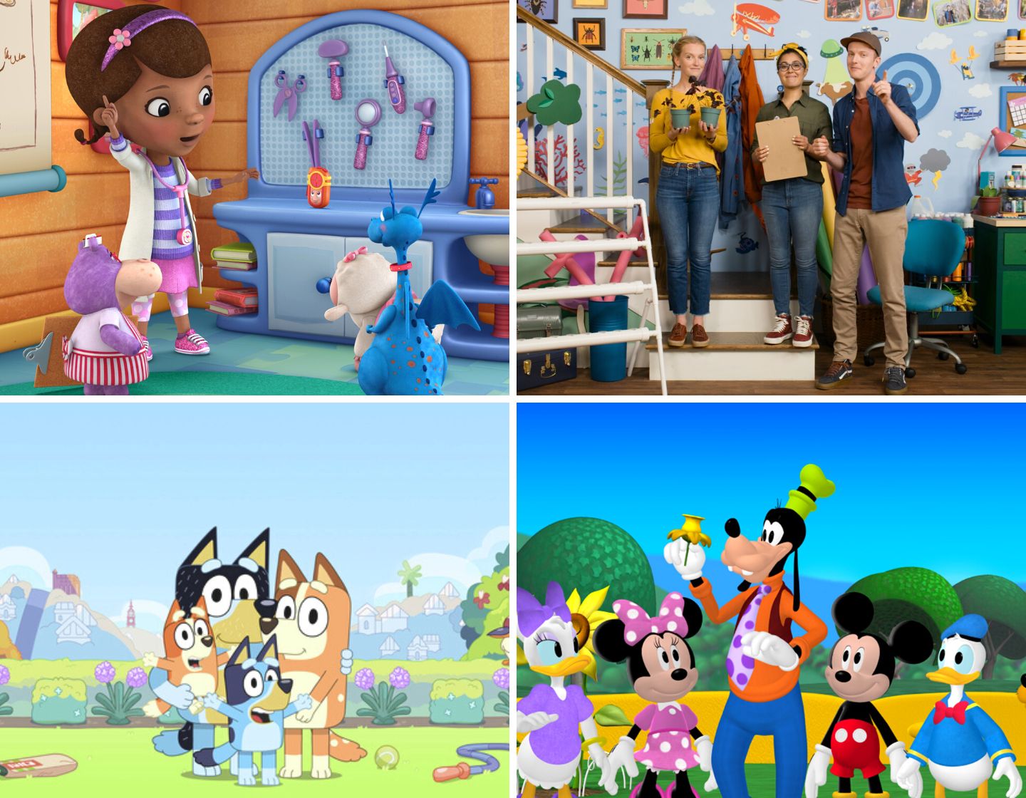 Disney + shows with educational value Bluey, Mickey Mouse Clubhouse, Doc McStuffins, Nat Geo's Weird But True!