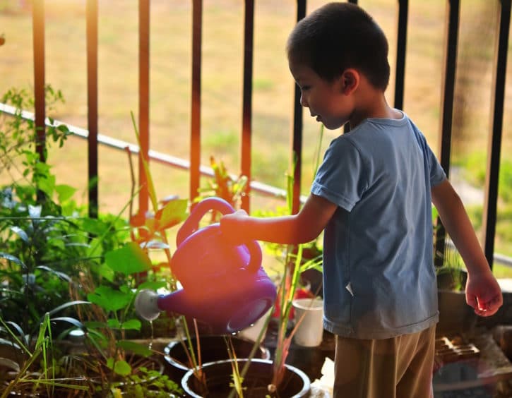 kids gardening watering plants activity